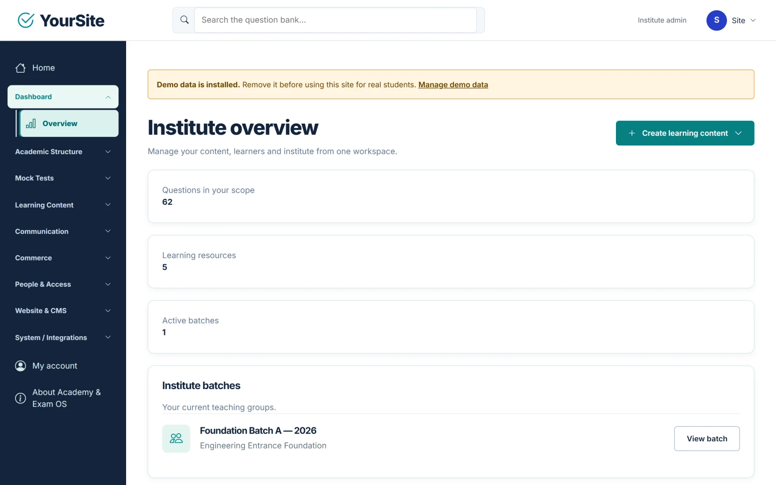 The staff area Overview page with the grouped menu