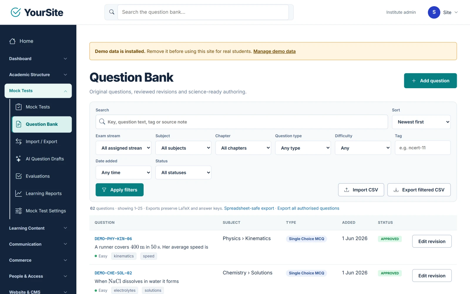 The Question Bank list with filters