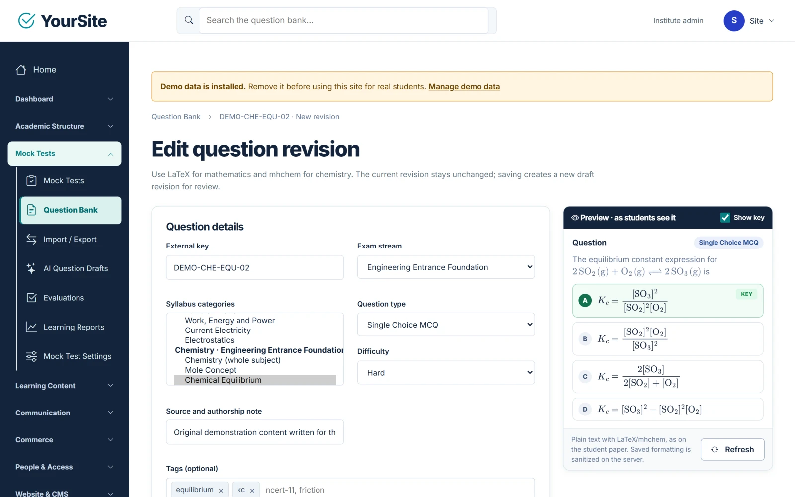 Academy & Exam OS question editor with a live student preview of chemistry notation