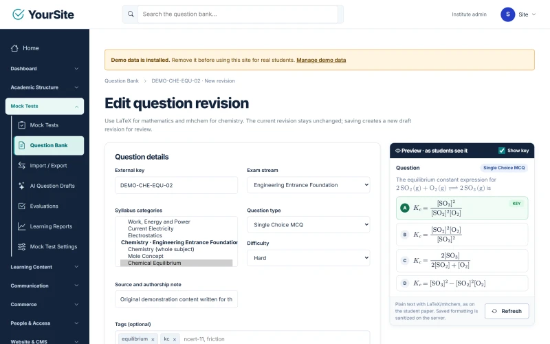 Question editor for a chemistry item written with mhchem notation, beside the live “Preview · as students see it” panel that renders the equilibrium.