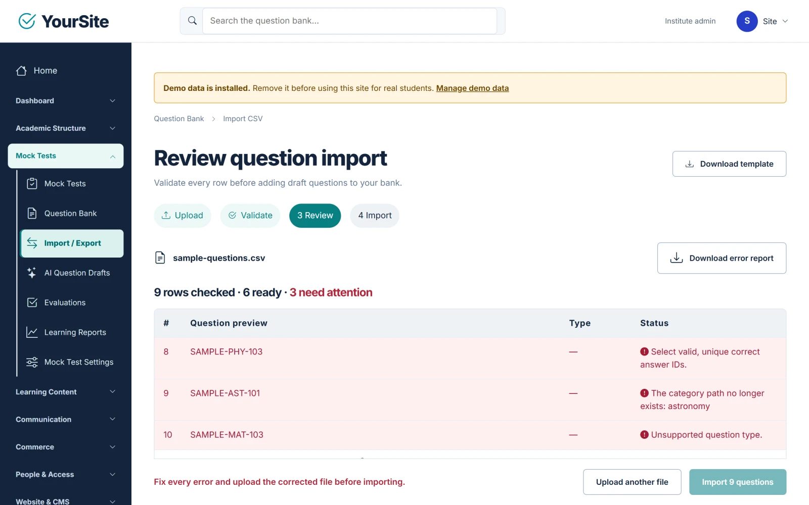 Academy & Exam OS CSV import screen showing the validation summary with rows that need attention
