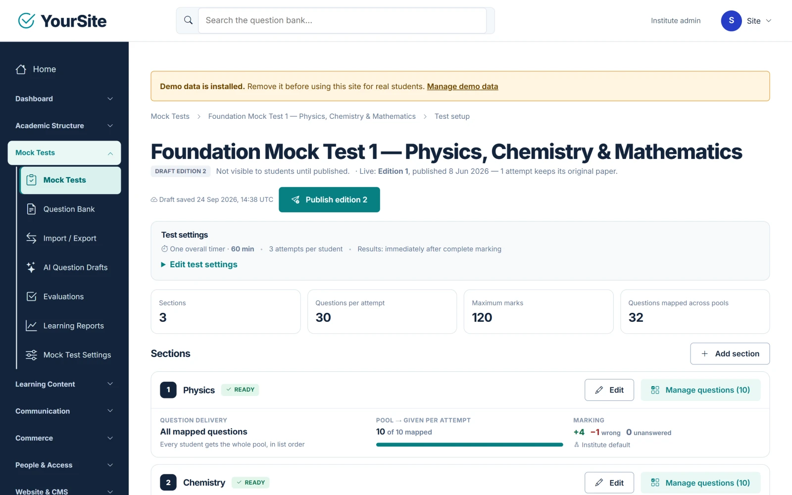 Test setup with sections, totals and the Publish edition button