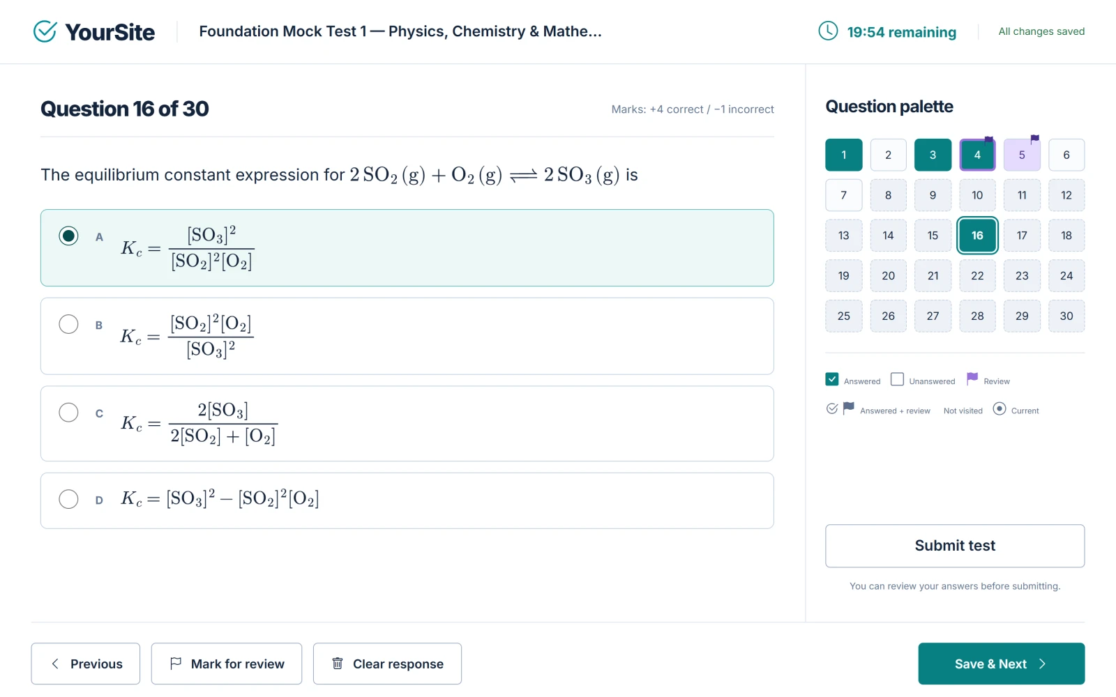 A web Mock Test attempt: a chemistry question with typeset equilibrium expressions, the question palette and the server timer