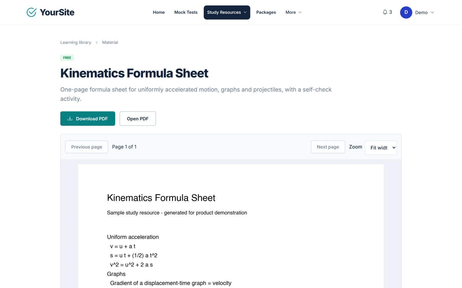 The in-page PDF reader showing a demonstration formula sheet with page controls and a Mark complete button