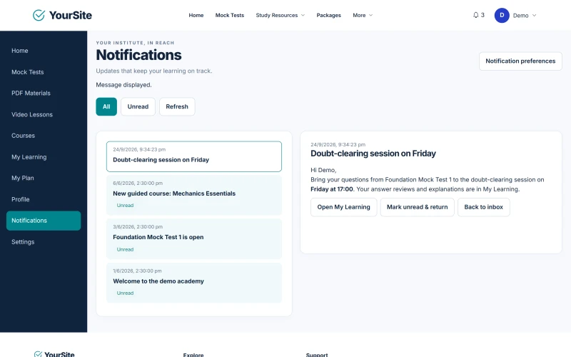 Student notifications on the web: an opened announcement about a doubt-clearing session with its action buttons, above earlier institute notices.