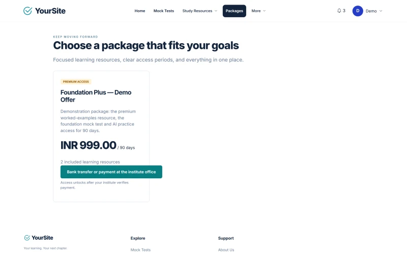 Package page for “Foundation Plus — Demo Offer” priced in INR, with the institute's offline payment option.