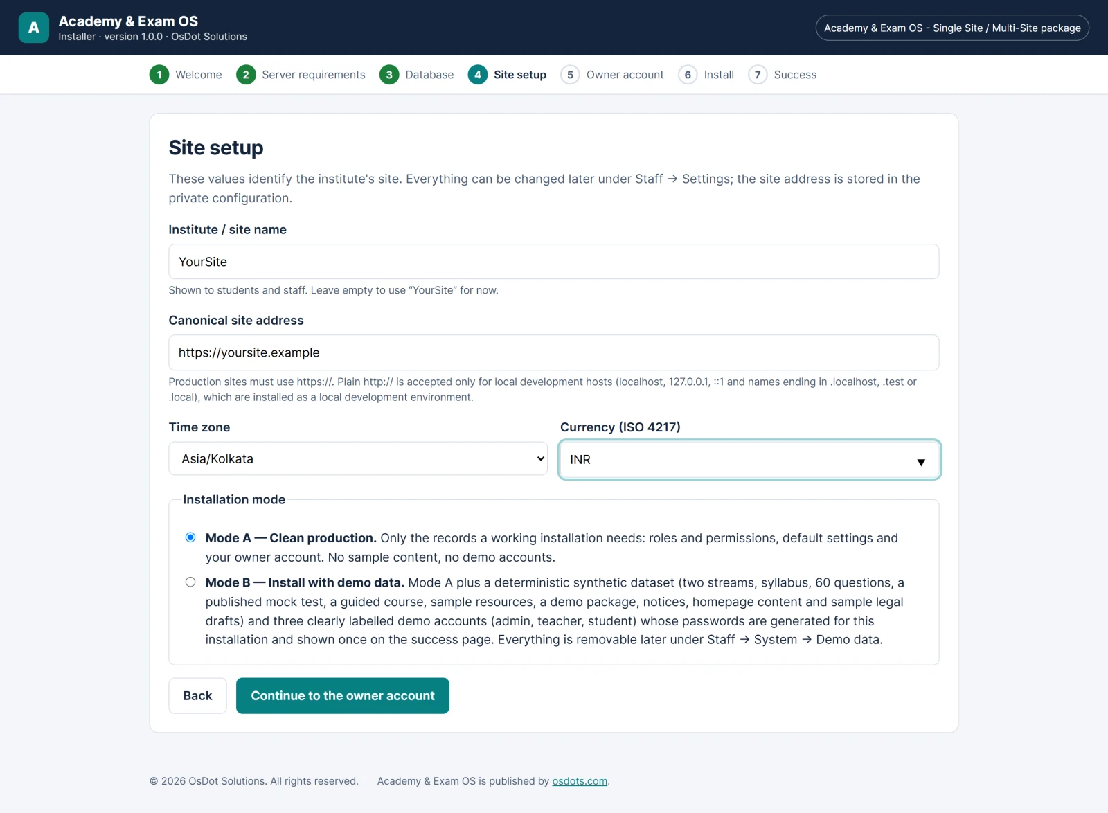 The installer's Site setup step with the Mode A and Mode B choice