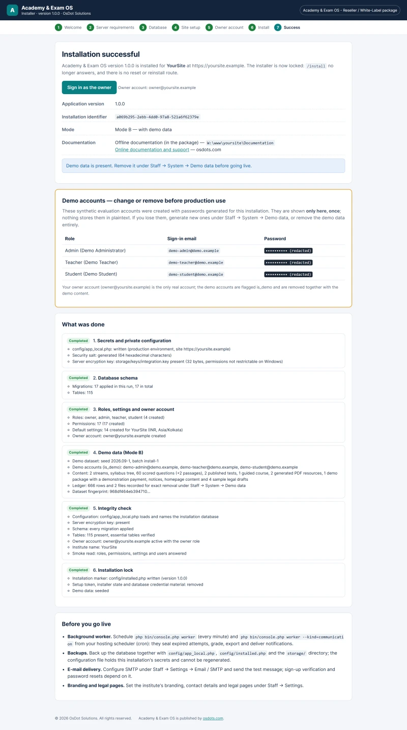 Reseller / White-Label installer completed: phases secrets, migrations, core records, seed, integrity and lock, with no licence phase.