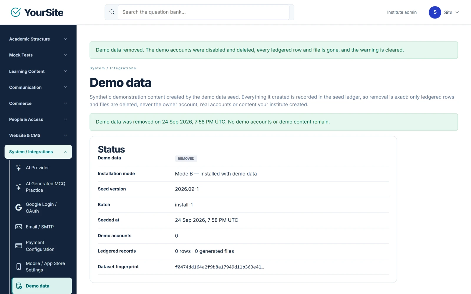 The Demo data page after the demo data was removed