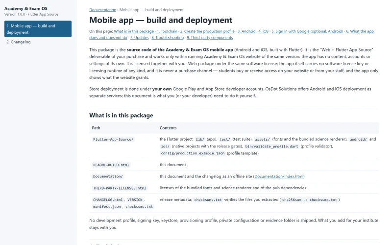 “Mobile app — build and deployment” chapter of the documentation shipped with the Flutter app source.