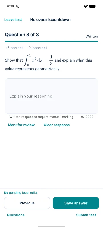 Android app attempt: question 3 of 3 of a written practice test with a typeset definite integral and an answer box.