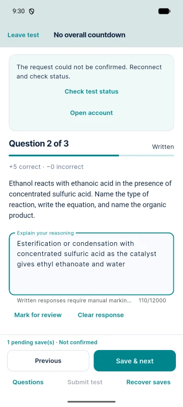 Android app attempt while offline: the answer is kept as “1 pending save(s) · Not confirmed”, with a Recover saves action.