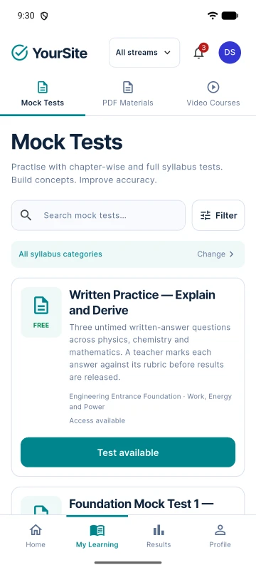 Android app Mock Tests catalogue with search, a syllabus filter and two available tests.