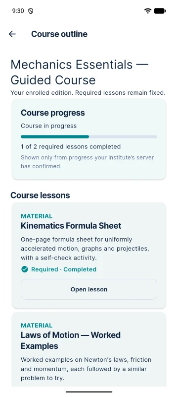 Android app course outline with server-confirmed progress (1 of 2 required lessons) and two PDF lessons.