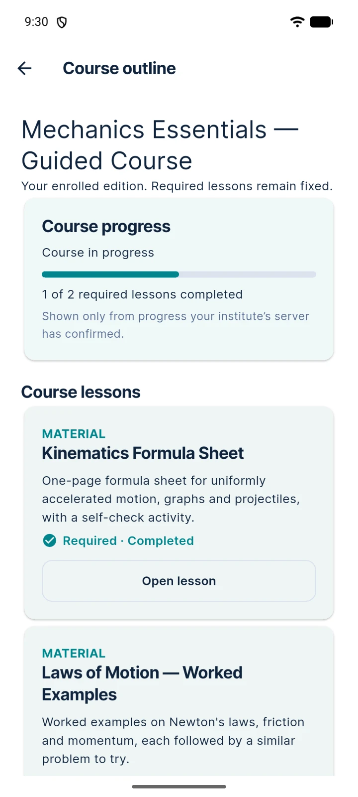The Android student app: a course outline with lesson progress