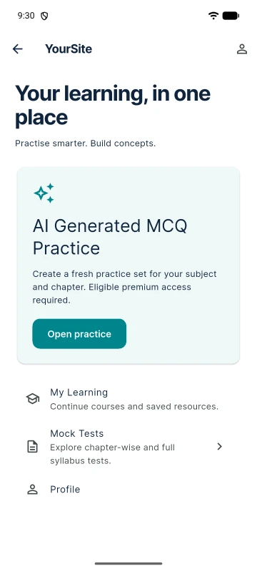 Android app home: AI Generated MCQ Practice, My Learning, Mock Tests and Profile.