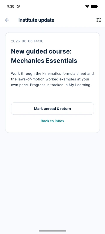 Android app institute update opened from the inbox: “New guided course: Mechanics Essentials”.