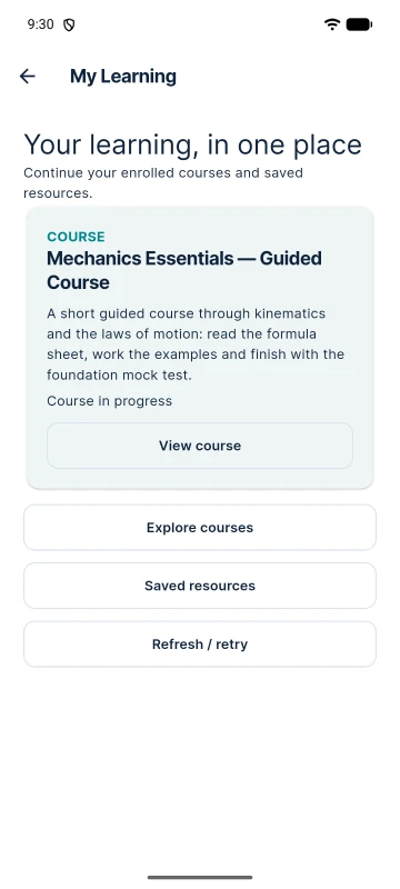 Android app My Learning: the guided course “Mechanics Essentials” in progress.