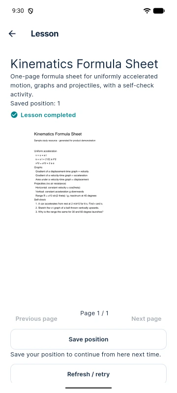 Android app PDF lesson “Kinematics Formula Sheet” with saved position and completion.