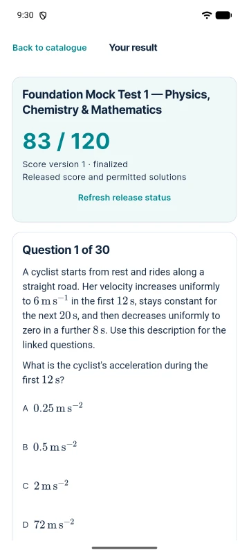 Android app result for Foundation Mock Test 1: 83 / 120 with the question review.