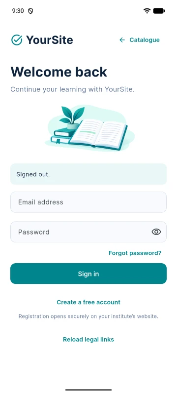 Android app sign-in screen for YourSite with e-mail and password fields.