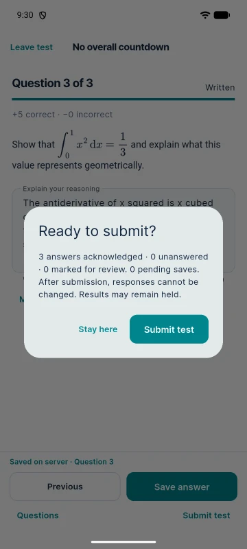 Android app “Ready to submit?” dialog: three answers acknowledged and no pending saves.