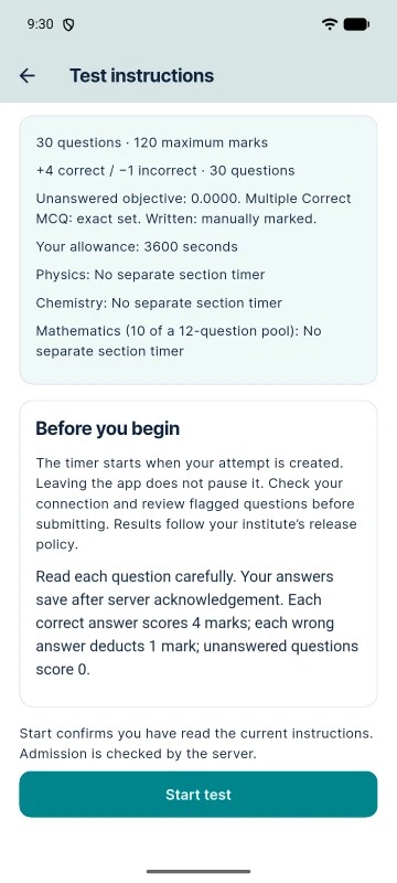 Android app test instructions for Foundation Mock Test 1: marking, attempt allowance, sections and a Start test button.