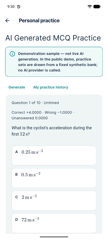Android app: AI Generated MCQ Practice, question 1 of 10 (Kinematics), below the notice “Demonstration sample — not live AI generation”.