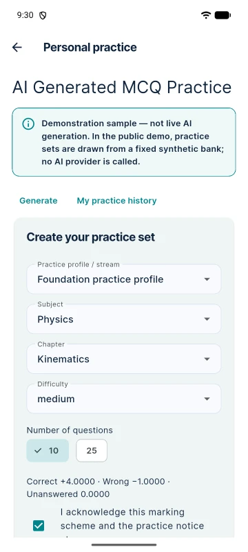 Android app AI practice setup: profile, subject Physics, chapter Kinematics, medium difficulty and 10 questions, under the demonstration-sample notice.